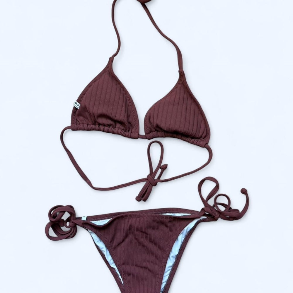 Women’s Ribbed Tie Bikini Set - Chocolate Brown